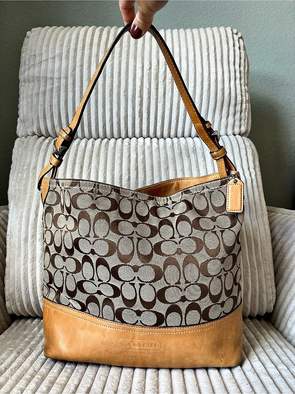 Vintage Coach Signature Tan Canvas Leather Trim Hobo Shoulder Bag 2156🤎🪵☕️